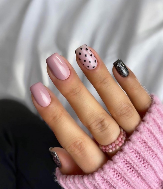 70 Spring Nail Designs 2022 That You Should Try — Glitter Black, Polka Dot Pink Nails