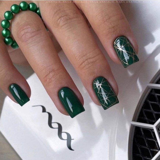 50+ Green Nail Designs To Try This Year — Dark Green Short Nails with Gold Accents