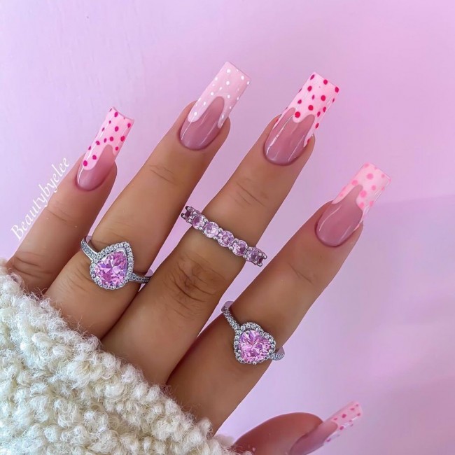 70 Spring Nail Designs 2022 That You Should Try —  Gradient Pink Polka Dot Abstract French Tips