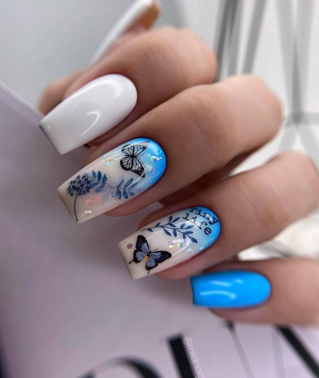 70 Spring Nail Designs 2022 That You Should Try — Ombre Blue and White Short Nails with Butterfly