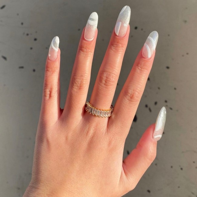 70 Spring Nail Designs 2022 That You Should Try —  Sheer Nails with Abstract White Design