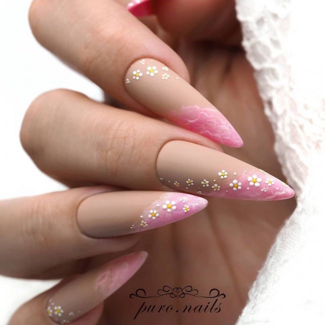 70 Spring Nail Designs 2022 That You Should Try — Nude with Side French Pink Marble Nails