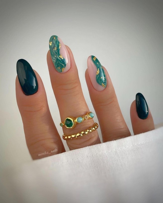 50+ Green Nail Designs To Try This Year —  Green & Marble Nail Art Design