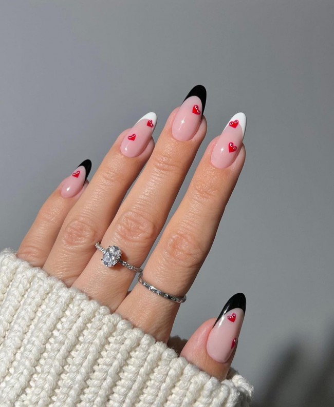 70+ Best Nail Art Ideas for Valentine’s Day Nails — Black and White Tips & Red Comme Des Gracons