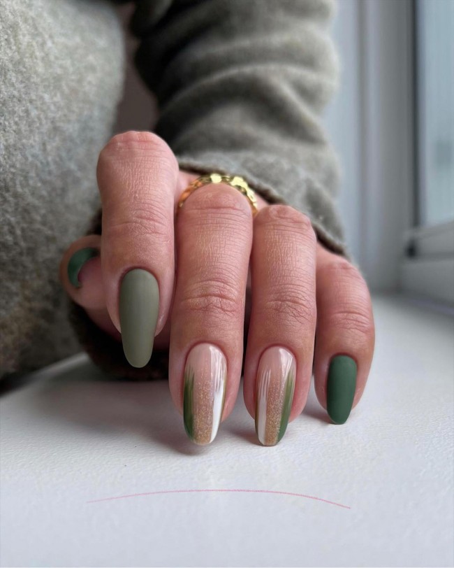 50+ Green Nail Designs To Try This Year — Matte Green Nails with Modern Design