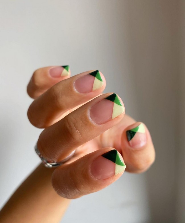 50+ Green Nail Designs To Try This Year — Shades of Green Chevron Shape French Tips