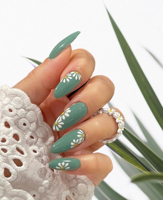 50+ Green Nail Designs To Try This Year —  Sage Green Almond Nails with Daisies