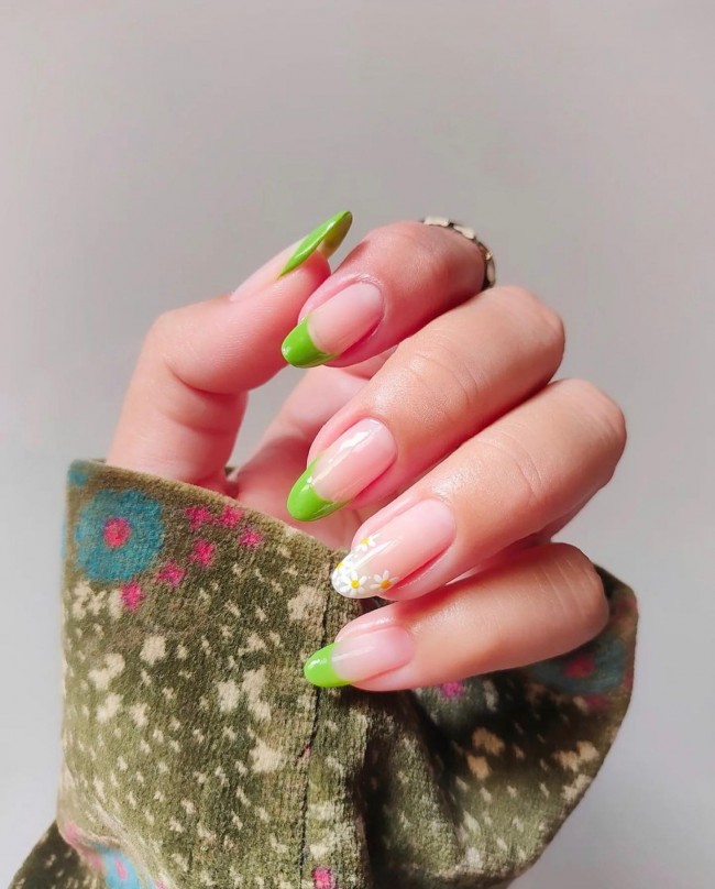 50+ Green Nail Designs To Try This Year — Daisy & Chartreuse Green French Tip Nails