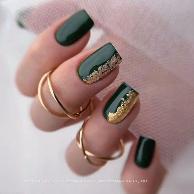 50+ Green Nail Designs To Try This Year — Simple Glossy Green Nails with Gold Flakes