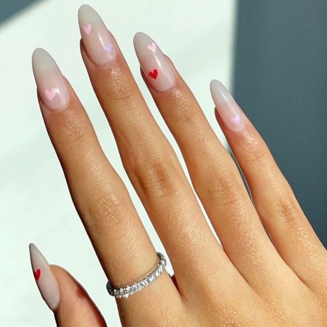 59 The Most Prettiest Valentine Nail Ideas — Neutral Nails with Pink & Red Hearts