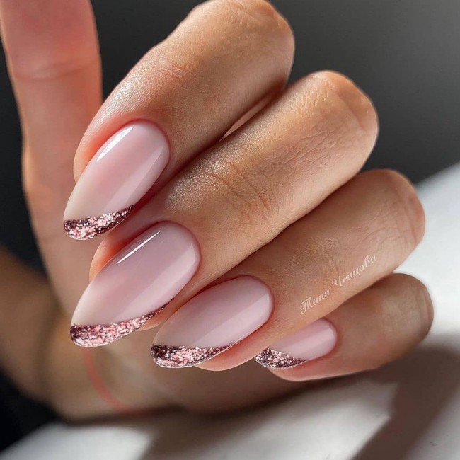 70 Spring Nail Designs 2022 That You Should Try — Rose Gold Glitter Side French Nails