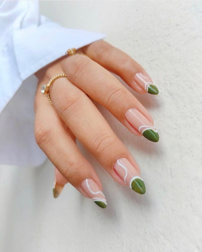 50+ Green Nail Designs To Try This Year —  Abstract Green and White Clear Base Nails