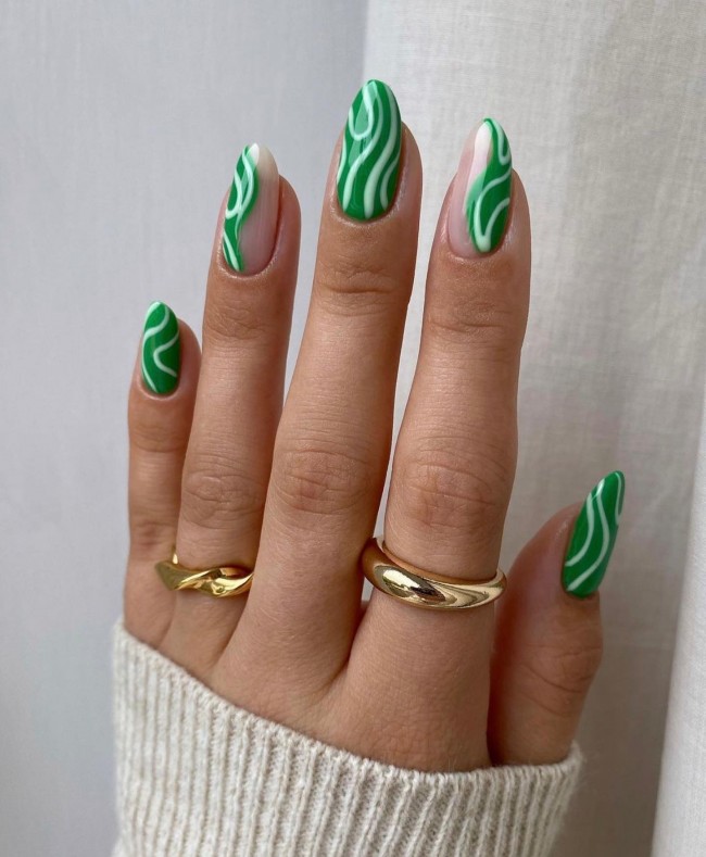 50+ Green Nail Designs To Try This Year —  Green Nails with White Swirly