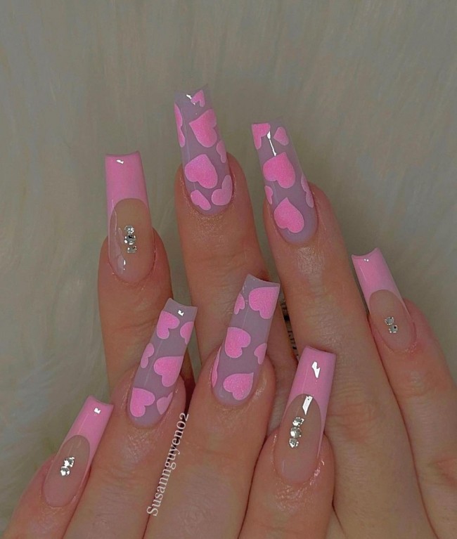 59 The Most Prettiest Valentine Nail Ideas — Pink Love Heart Acrylic Nails