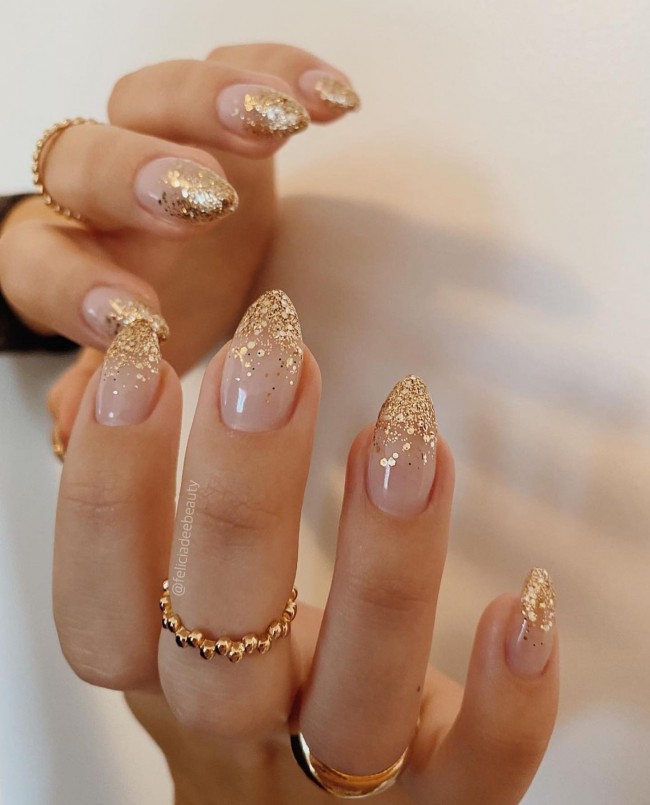 65 Stylish Ways To Wear Nude Nails —  Ombre Glitter Tip Nude Nails Design