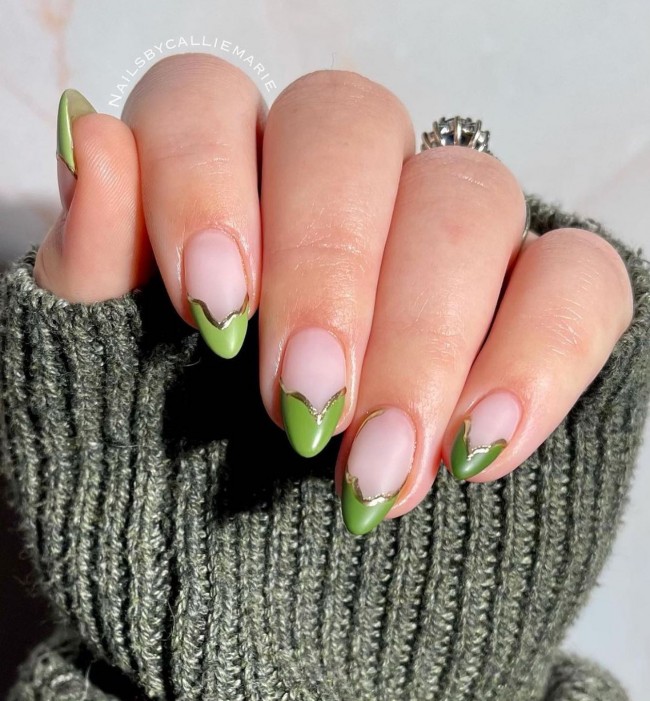 50+ Green Nail Designs To Try This Year — Abstract Green French Tip Nails with Gold Details