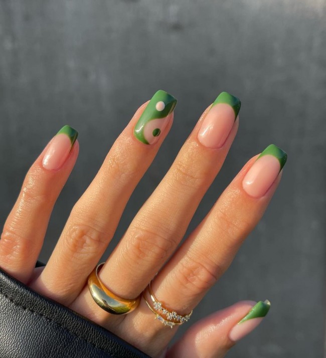 50+ Green Nail Designs To Try This Year —  Green Yin-Yang & French Tip Nails