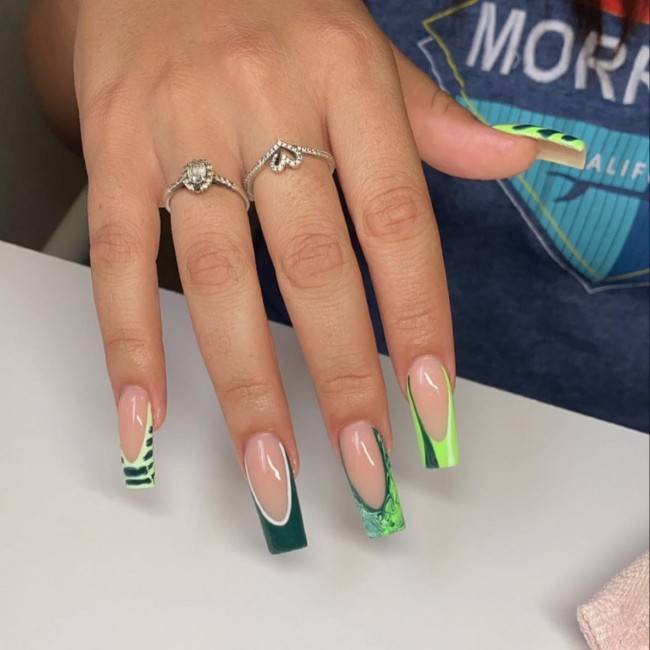 50+ Green Nail Designs To Try This Year — Mixed Green French Tip Nails