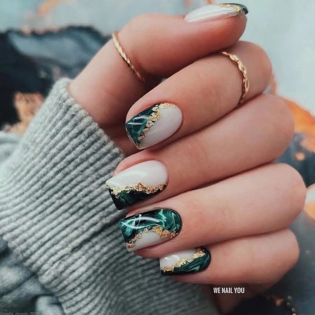 50+ Green Nail Designs To Try This Year —  Green and White Marble Nails with Gold Flakes