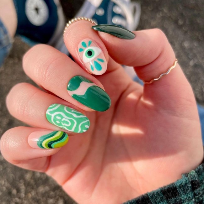 50+ Green Nail Designs To Try This Year — Green Pop Art Oval Shape Nails