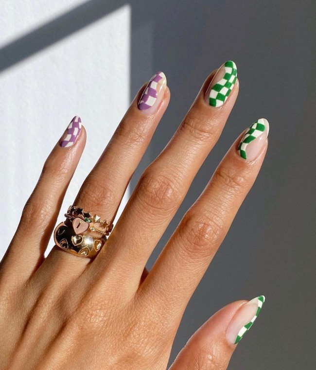 75 The Coolest Checkered Nail Art Designs  — Purple and Green Checkered Nails