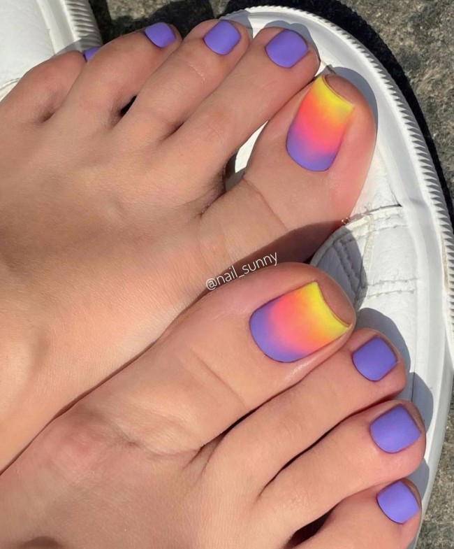 32 Cute Pedicure For Summer  — Orange Purple and Yellow Tie Dye Pedicure