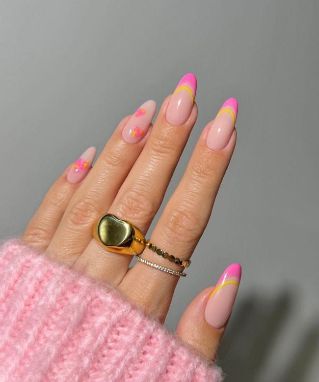 70+ Best Nail Art Ideas for Valentine’s Day Nails — Yellow Line, Pink Tip and Pink Heart Nails