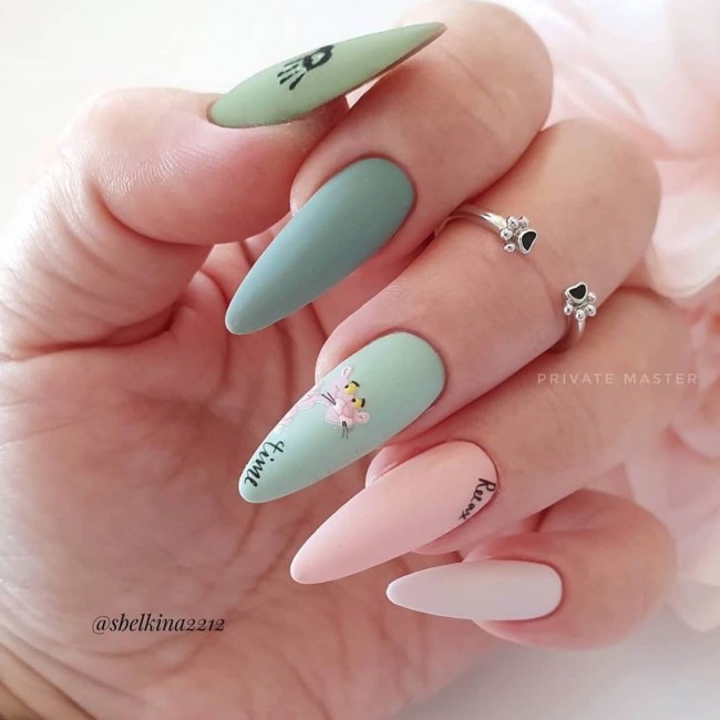 70 Spring Nail Designs 2022 That You Should Try — Green and Nude Matte Almond Nails