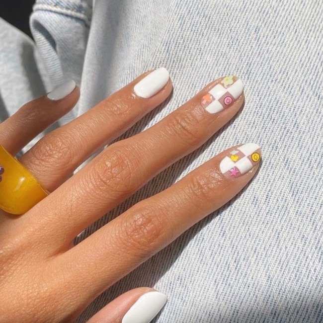 75 The Coolest Checkered Nail Art Designs  — Checkered White Nails