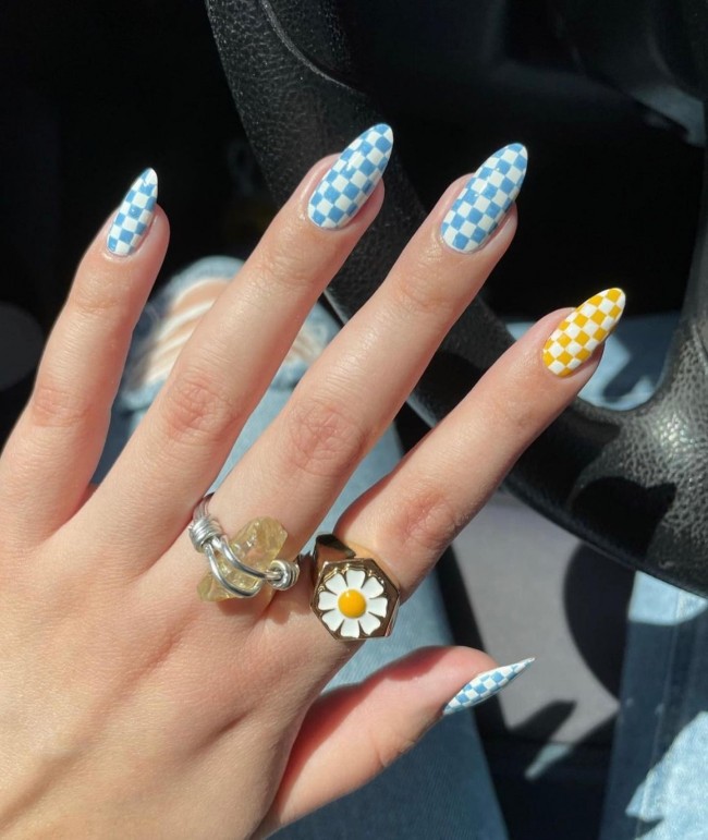 75 The Coolest Checkered Nail Art Designs  — Blue and Yellow Checkered Nails