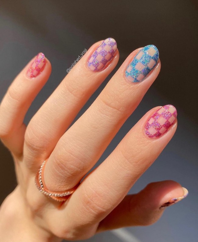 75 The Coolest Checkered Nail Art Designs  — Colorful Glitter Checkered Nails