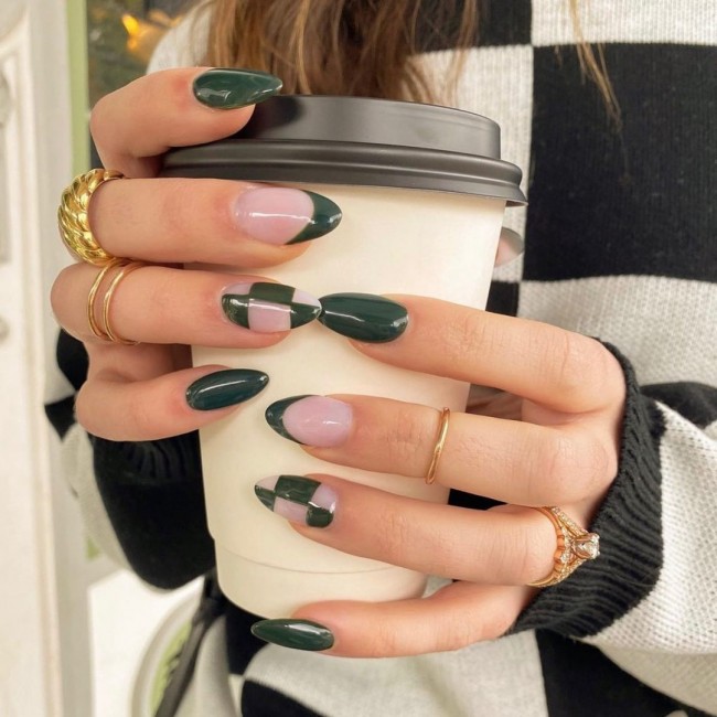 75 The Coolest Checkered Nail Art Designs  — Dark Green Checkered Nails