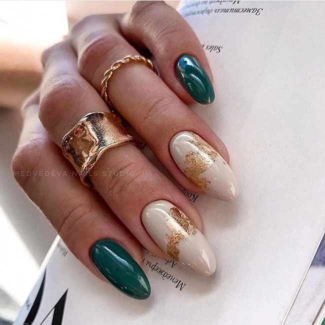 50+ Green Nail Designs To Try This Year — Green & White Almond Nails Undone Look