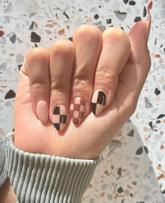 75 The Coolest Checkered Nail Art Designs  — Brown Checkered Nails