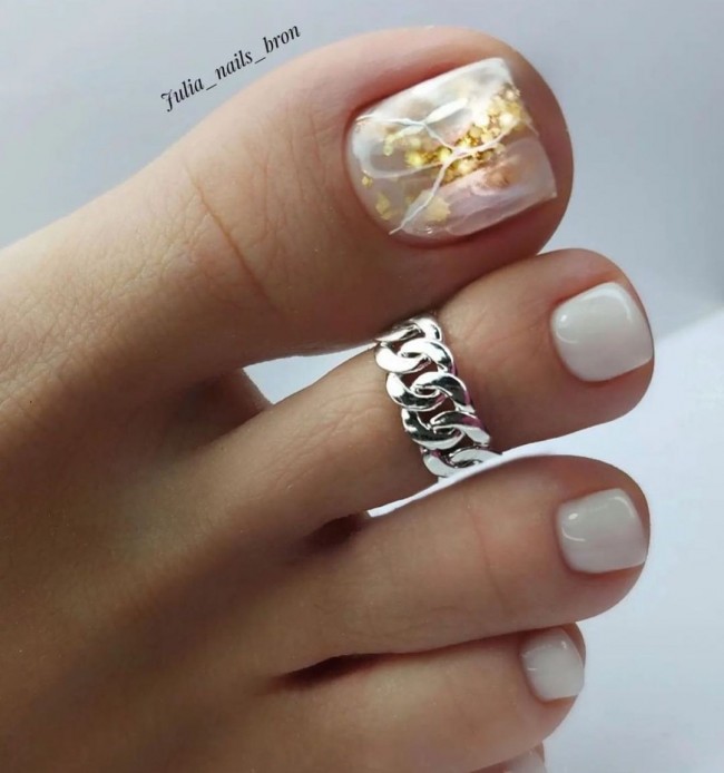 32 Cute Pedicure For Summer  — White Pedicure with Gold