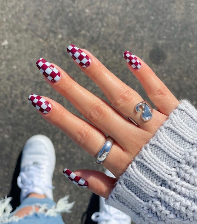 75 The Coolest Checkered Nail Art Designs  — Deep Red Checkered Nails