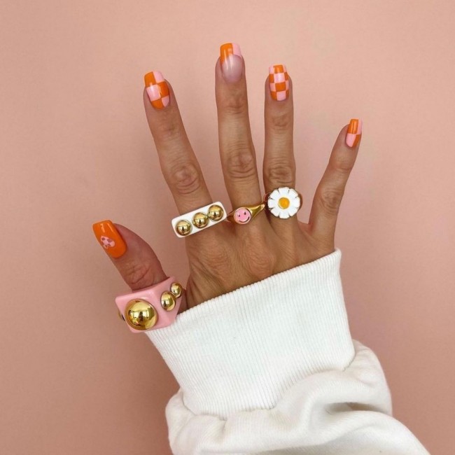 75 The Coolest Checkered Nail Art Designs  — Orange Checkered  & French Tip Nails 