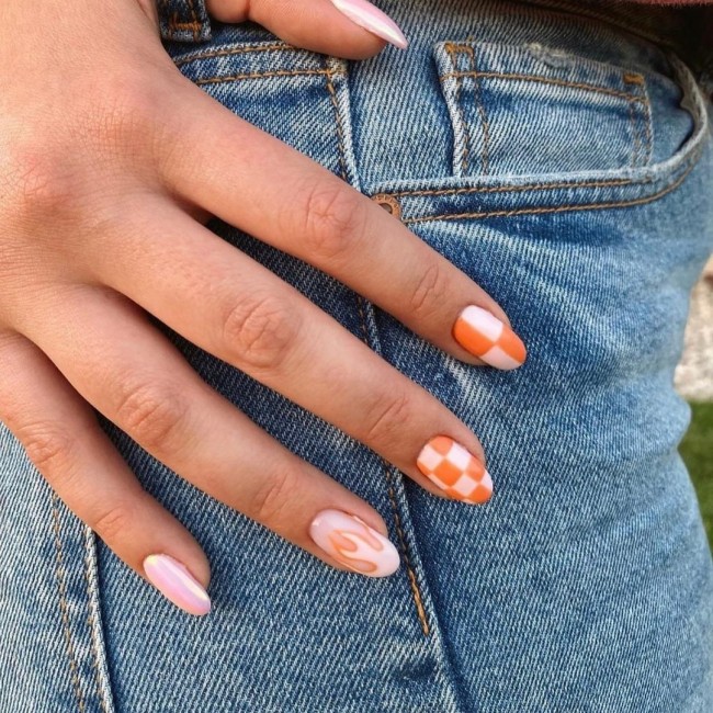 75 The Coolest Checkered Nail Art Designs  — Orange Flame & Checkered Nails