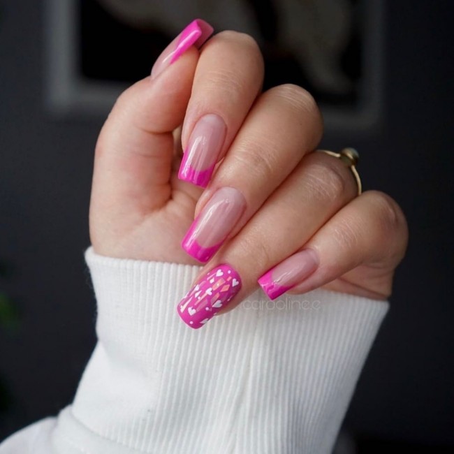 72 Cutest Valentine’s Day Manicure Ideas — Deep Pink French Tips + Love Hearts