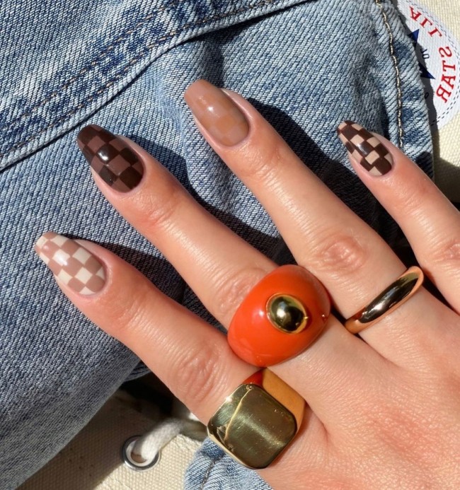 75 The Coolest Checkered Nail Art Designs  — Brown Tone Checkered Nails