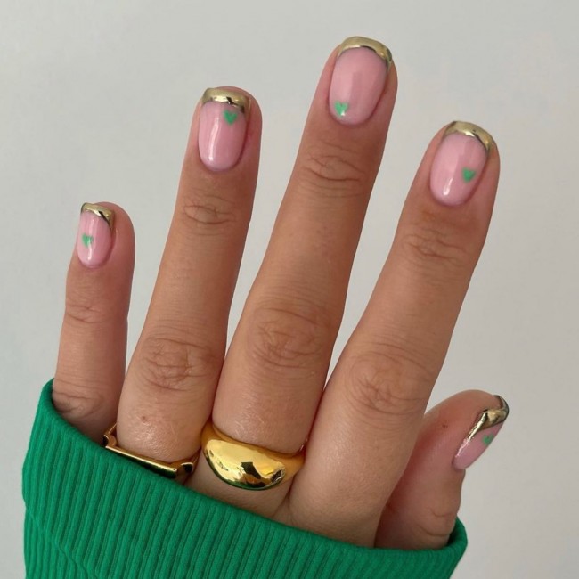 72 Cutest Valentine’s Day Manicure Ideas — Gold Tips with Green Hearts