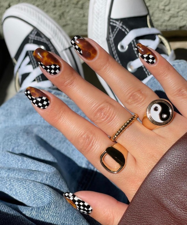 75 The Coolest Checkered Nail Art Designs  — Tortoiseshell & Black Checkered Nails