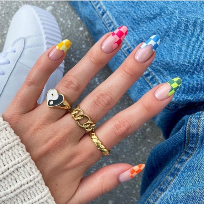 75 The Coolest Checkered Nail Art Designs  — Colorful French Checkered Tips