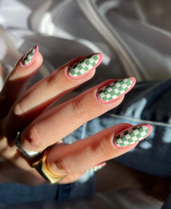 75 The Coolest Checkered Nail Art Designs  — Green and Pink Checkered Nails