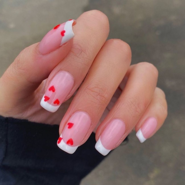 72 Cutest Valentine’s Day Manicure Ideas — French Tips with Hearts