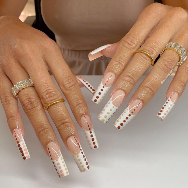 65 Stylish Ways To Wear Nude Nails — Gradient Brown Polka Dot White French Tip Nails