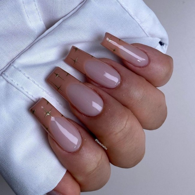 65 Stylish Ways To Wear Nude Nails —  Brown Nude French Tip Nails with Gold Stars