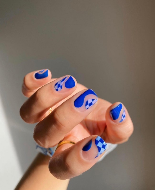 75 The Coolest Checkered Nail Art Designs  — Bright Blue Checkered Nails