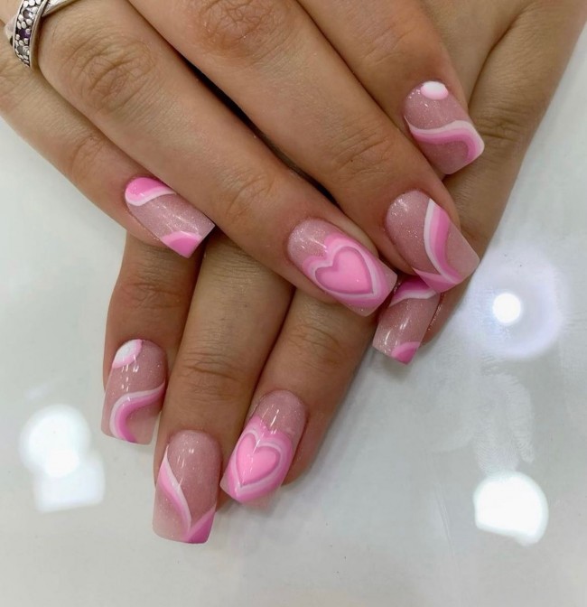 72 Cutest Valentine’s Day Manicure Ideas — Pink Swirl Valentine’s Day Nail Art