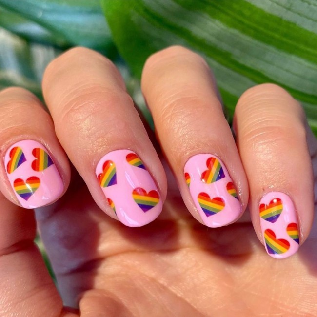 72 Cutest Valentine’s Day Manicure Ideas — Rainbow Heart Pink Nail Art